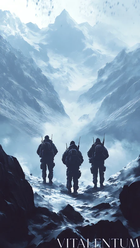 Soldiers advance through frozen mountain pass under harsh sky