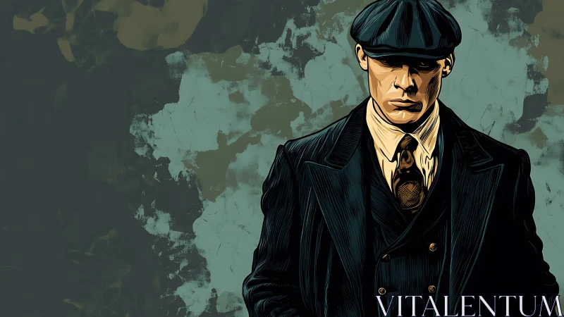 Gritty suited gangster in flat cap against distressed wall.