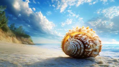Spiral seashell on sandy shore under bright coastal sky.