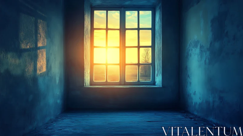 Sunlit window in empty blue room with textured plaster walls.