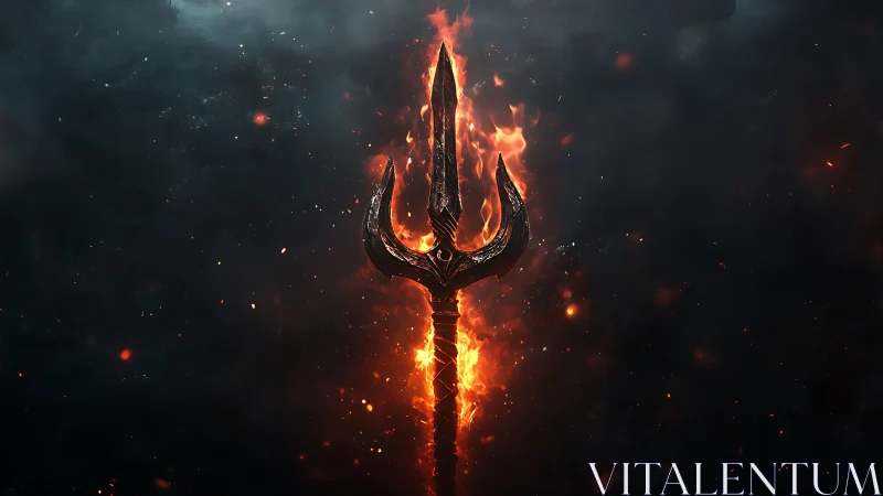 Flaming trident stands centered against dark smoky background