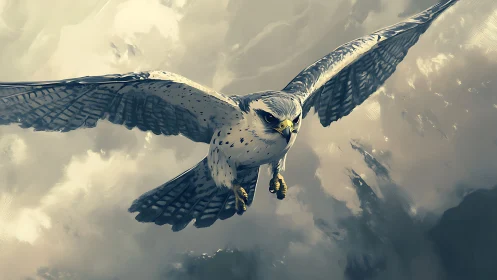 Majestic Falcon in Flight Over Clouds, Digital Painting Style.