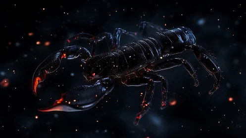 Starlit obsidian scorpion drifting through embered void.