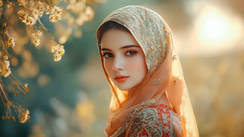 Radiant veil portrait under diffuse golden hour bokeh field.