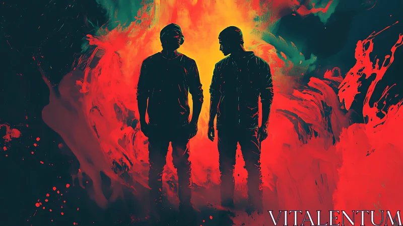 Silhouetted duo against vivid abstract flame storm.