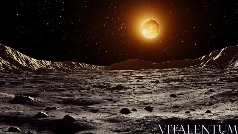 Lunar horizon glows beneath a blazing eclipse-lit sky.