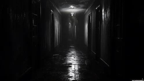 Dark wet corridor with distant light and side doors.