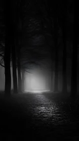 Quiet forest path leading toward a soft, inviting glow.