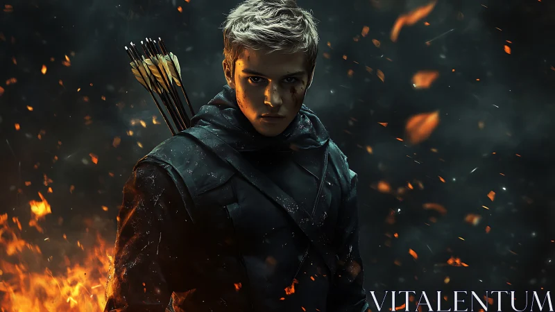 Flaming embers orbit a battle-hardened archer in shadowed armor