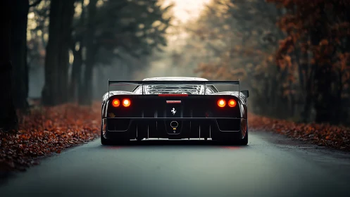 Rear view of low sports car on forest road at dusk.