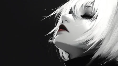 Monochrome close-up profiles stylized white-haired figure in shadow