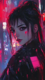 Neon alleyway sentinel girl under glitch-lit midnight rain.