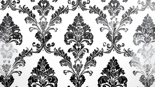 Baroque damask pattern in glossy black and silver repeat.