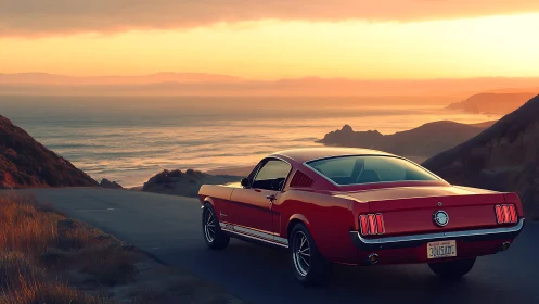 Classic red Mustang cruising into a golden coastal sunset.