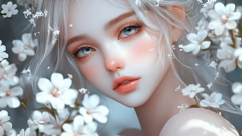 Soft spring dreamer framed in drifting white blossoms.