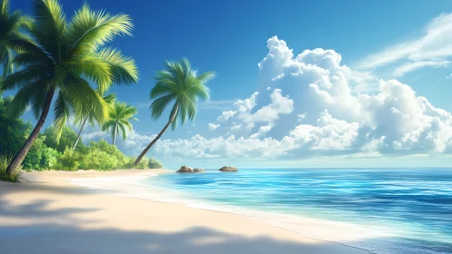Tropical beach with palm trees, white sand, turquoise water