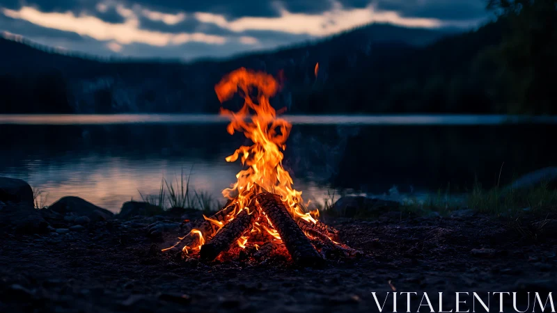 Campfire at Twilight by Mountain Lake.