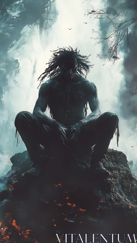 Demonic humanoid sentinel perched on lava rock before mistfall