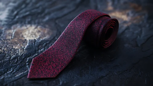 Elegant Burgundy Tie Resting on Textured Dark Stone Surface