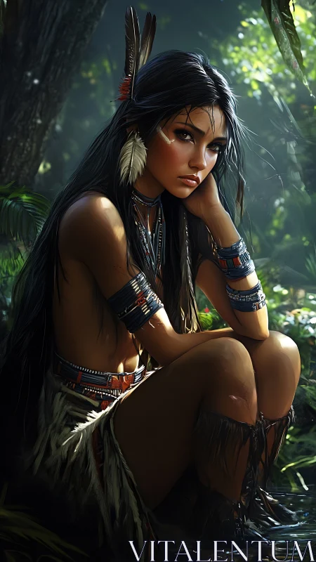 Forest-lit portrait of pensive woman in feathered adornment.