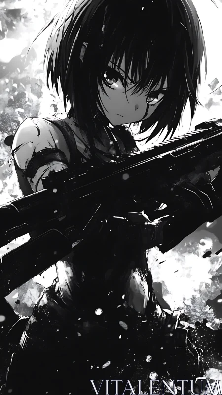Armed anime girl holds rifle in stark monochrome chaos