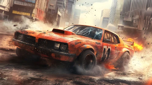 Orange muscle car drifts through exploding city street.