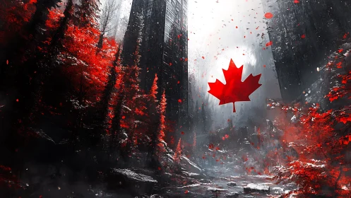 Canadian Maple Leaf Dominates Dramatic Urban Landscape.