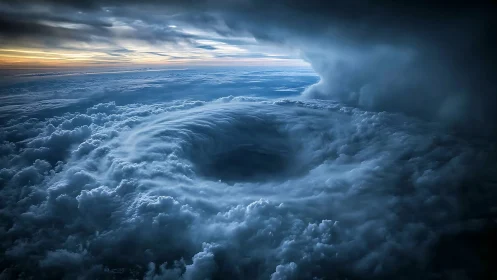 Cyclonic cloud vortex under dramatic twilight sky.
