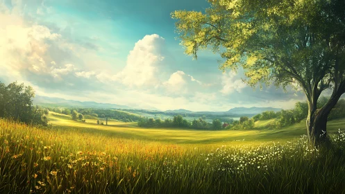 Sunlit meadow panorama with lone tree and distant hills