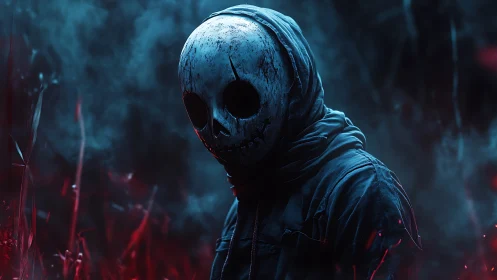 Skull-masked figure stalks bloodlit foggy forest at night.