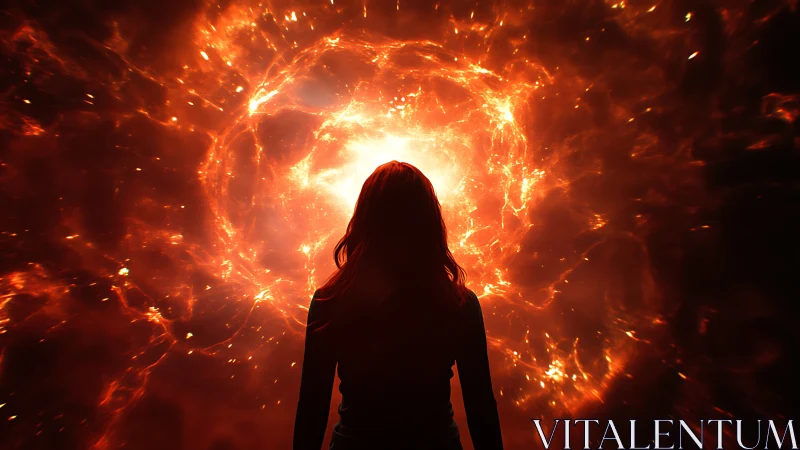 Silhouetted dreamer gazing into a swirling cosmic fire portal.