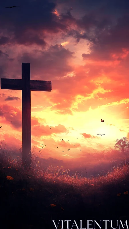 Wooden cross stands in field beneath luminous sunset sky