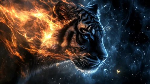 Digital painting of a cosmic fire tiger in bi-chromatic contrast.