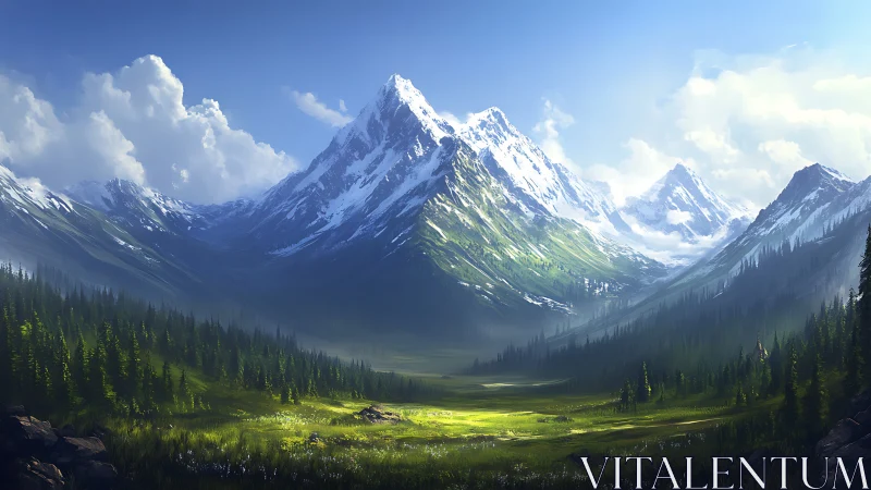 Sunlit alpine valley unfolds beneath towering snowy peaks