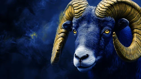 Midnight ram with golden horns in a stormy blue haze.