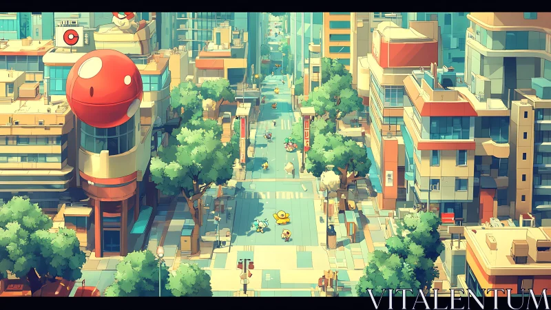 Isometric Pokemon cityscape with volumetric lighting and depth.