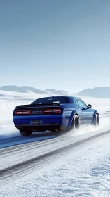 Muscle car powers through snowy mountain highway in sunlight.