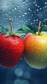 Strawberry and apple glisten under cool raindrops closeup