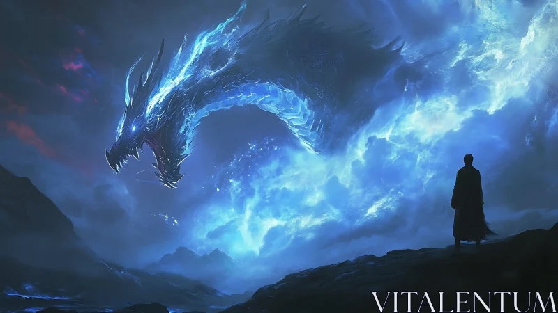 Stormlit crystal dragon greets lone wanderer at world’s edge.