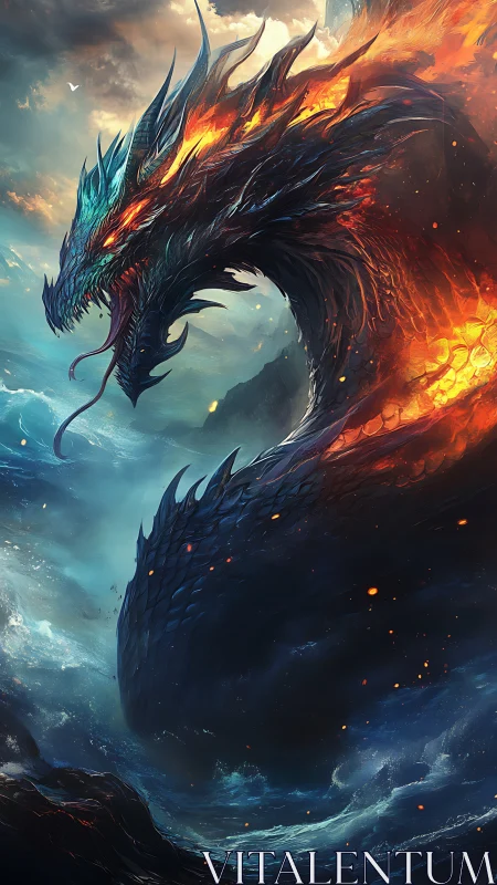 Roaring sea dragon rises in swirling fire and storm