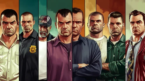 Multiple illustrated male figures are aligned in vertical panels