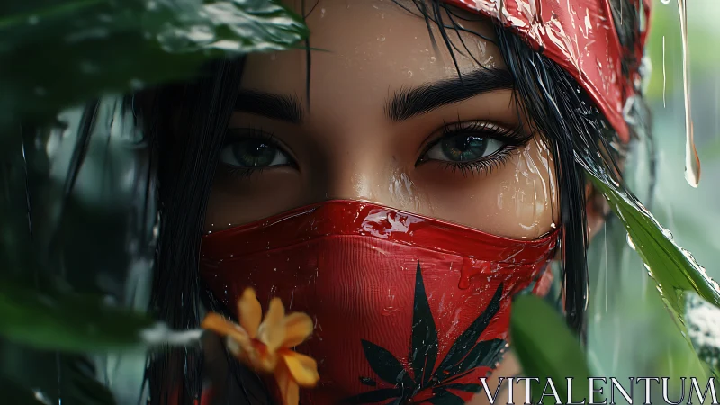 Photorealistic portrait of masked woman in lush foliage frame.