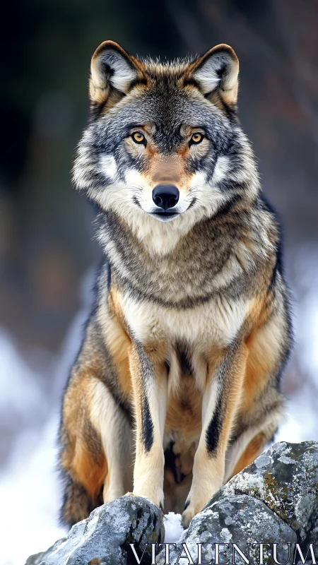 Front-facing gray wolf in sharp telephoto focus on snowy rocks