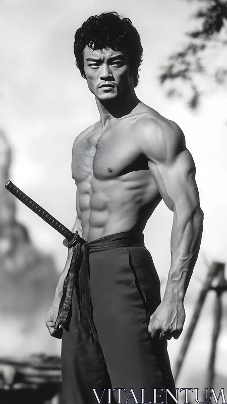 Martial artist stands shirtless with sword in monochrome scene