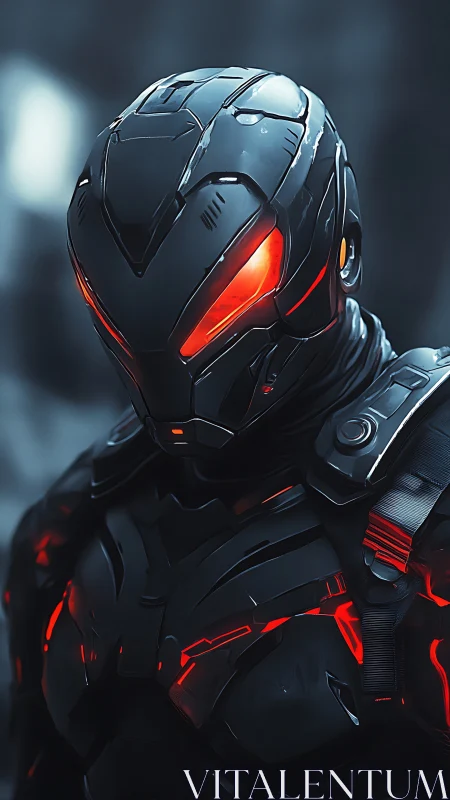 Midnight combat android with burning neon crimson gaze.