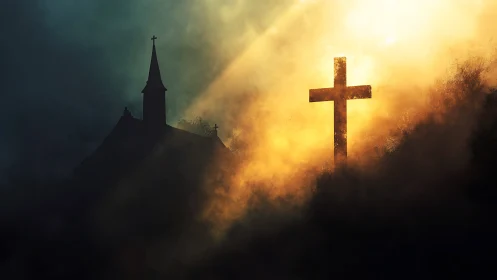 Golden light gently surrounds a cross beside a quiet church