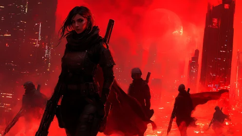 Red-lit armed figures advance through dense futuristic city