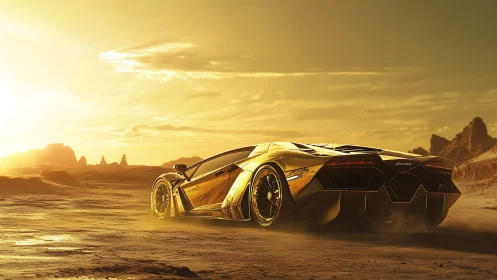 Golden supercar cruising into a warm desert sunset glow.