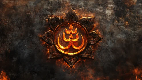 Fiery Om emblem within lotus frame on dark textured ground.