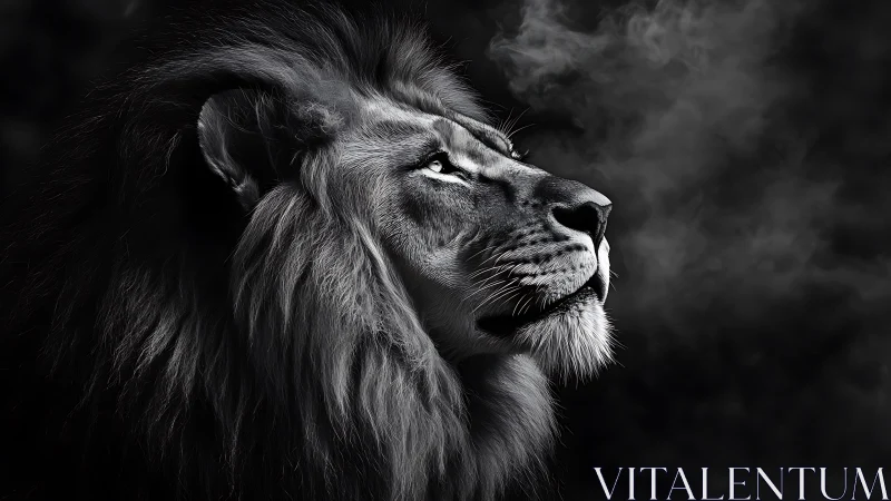 Black and white lion profile with dramatic smoky background.
